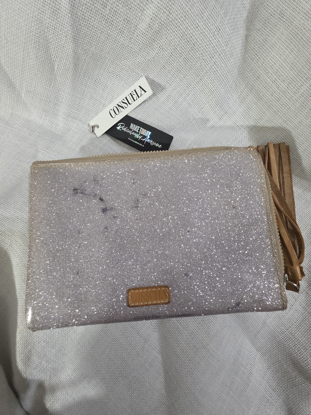 Consuela Glitter Clutch Zip Pouch Sparkle Tassel Bag - Picture 12 of 12